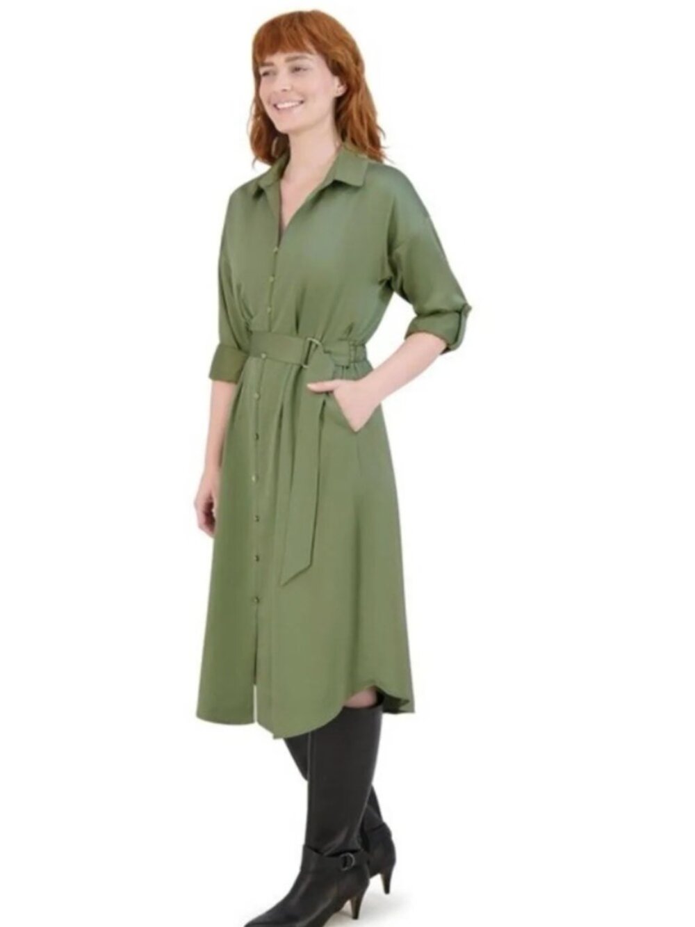 French Connection Long Shirt Dress Size Large Olive Green Long Sleeve NWT